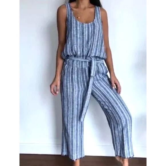 Anthropologie Cloth & Stone Striped Linen Coastal Flowing Op[en Back Jumpsuit - Picture 2 of 14